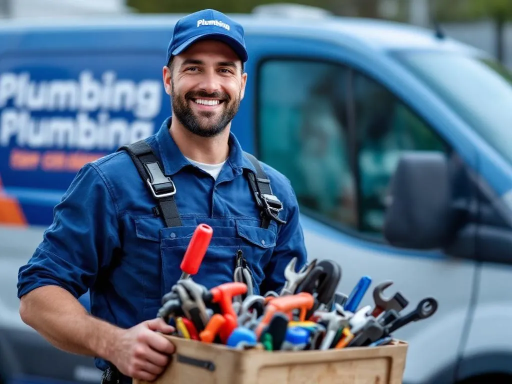 An image of a skilled plumber in Atlanta, wearing a blue uniform and a friendly smile. He carries a toolbox full of various tools, ready to handle any plumbing issue. Behind him, there's a branded van, signifying a professional and reliable plumbing service.