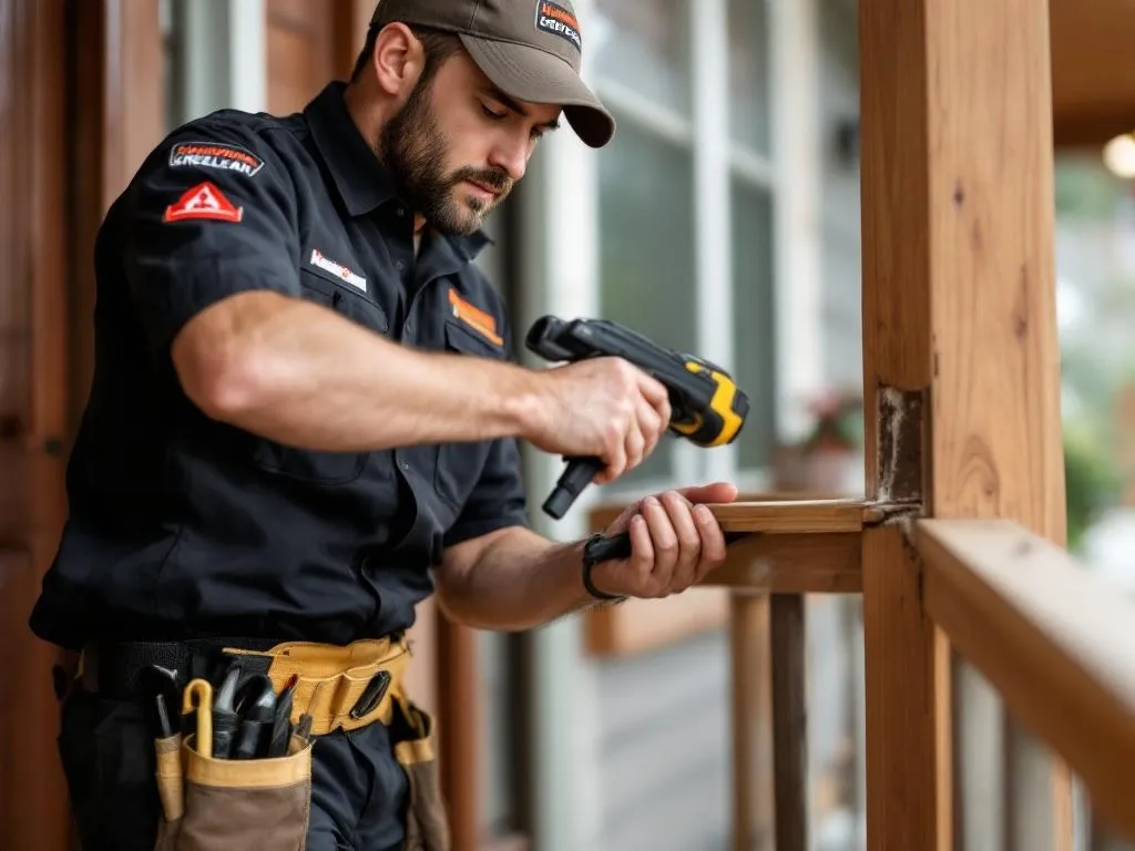 The photo shows a man in a Handyman Greeley uniform, fully equipped with a tool belt around his waist. He is repairing a wooden porch, attentively applying wood filler to a crack. The professional demeanor and focused expression on his face highlight the dedication and expertise that Handyman Greeley offers.
