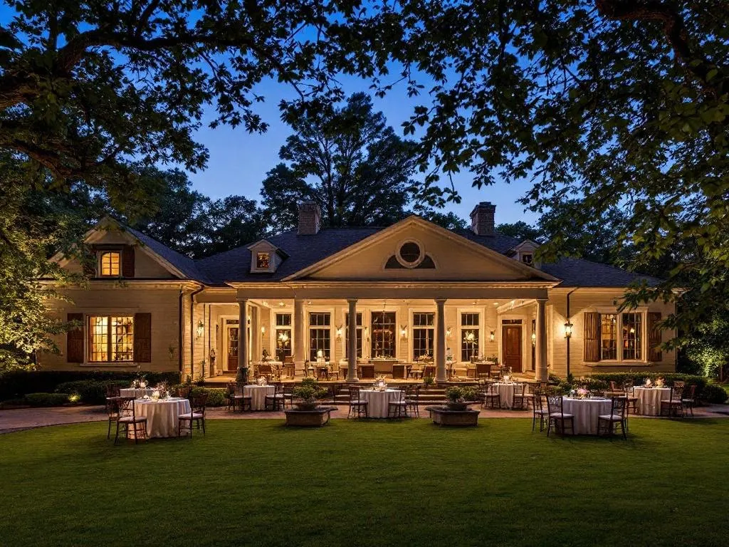 Our venue showcases the beauty of Stone Mountain, GA. With expansive indoor and outdoor spaces, the venue offers a charming and elegant setting for any event. The indoor event space is versatile and can be transformed to suit any theme or decor. The outdoor area is a lush green space, perfect for outdoor weddings or parties. In the evening, the venue is beautifully lit, creating a romantic and magical ambiance.
