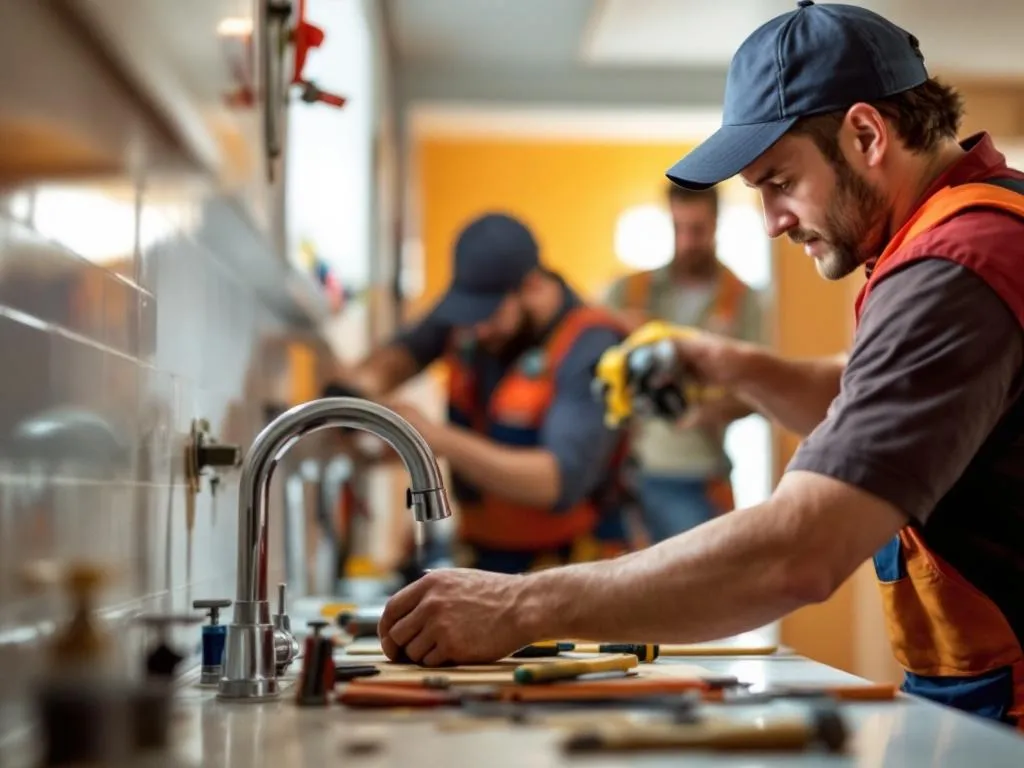 The picture features Handyman Greeley's professional team, equipped with tools, working efficiently on a home repair project. The team member in the foreground is fixing a leaky faucet while his coworkers are seen in the background installing a new door.