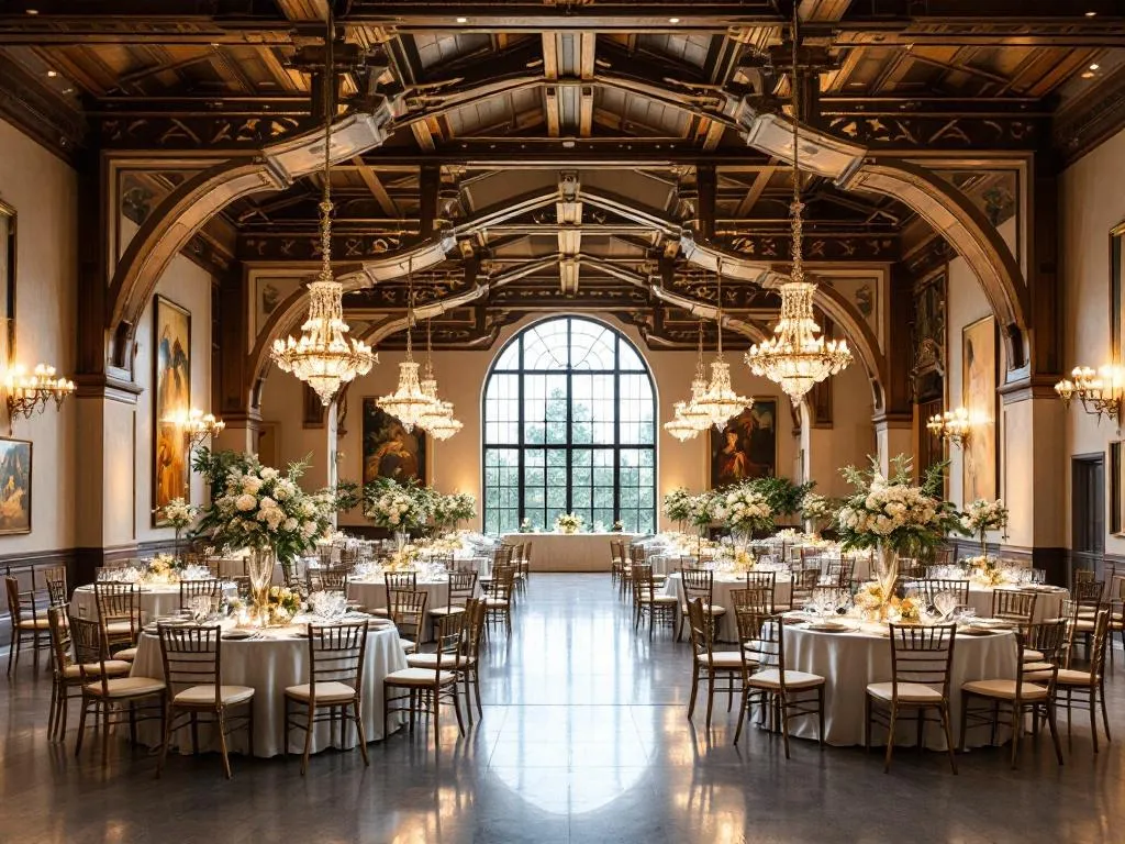 Our venue is a grand, spacious hall with high ceilings and elegant chandeliers. The walls are adorned with tasteful artwork that adds a touch of sophistication. Large windows let in an abundance of natural light, enhancing the warm, welcoming ambiance. The venue can be adapted to accommodate any event - from weddings to corporate gatherings.