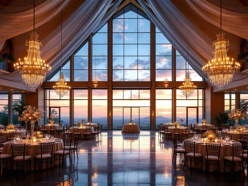 This captivating image showcases our grand event center located in the heart of Stone Mountain, GA. The venue is adorned with dramatic high ceilings, elegant chandeliers and a spacious dance floor. The beautifully-designed interior is complemented by the breathtaking view of the Stone Mountain, making it a perfect backdrop for any event.
