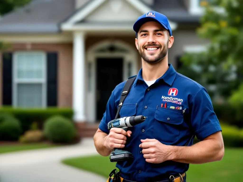 The picture showcases a Handyman Loganville professional in a blue uniform, holding a tool bag and a drill. He is standing in front of a well-maintained home in Loganville, ready to provide his services. The logo of Handyman Loganville is visible on his uniform, giving a sense of reliability and professionalism.