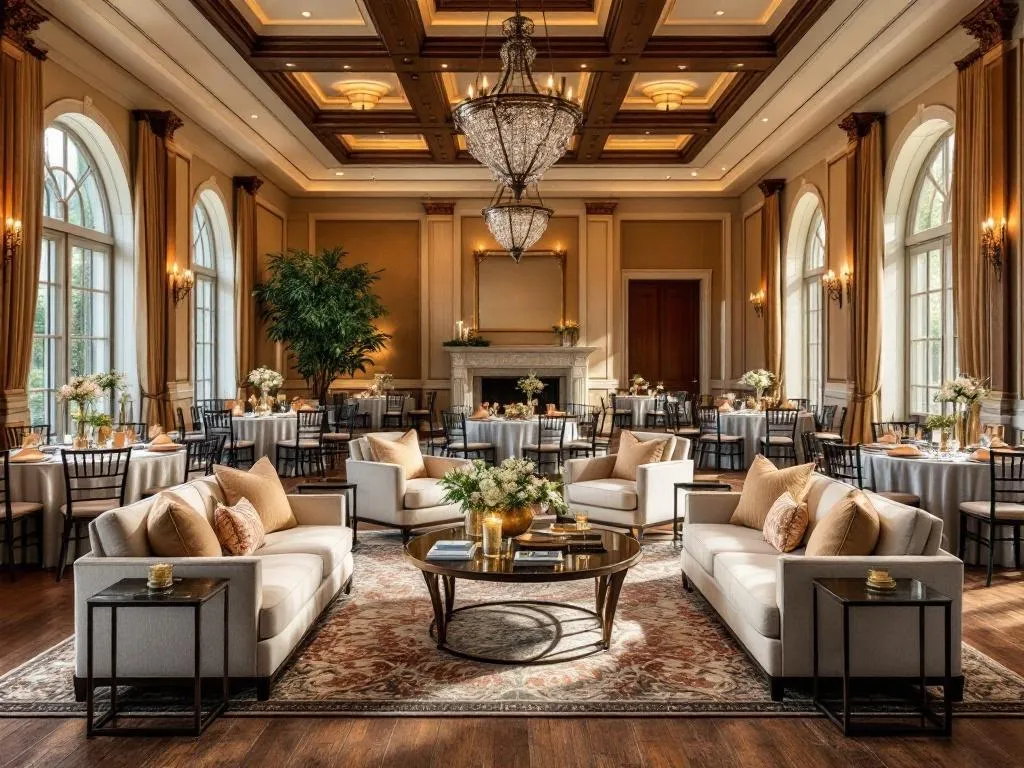 An elegant photo showcasing the beautifully designed event space in Stone Mountain, GA. The venue is bathed in warm, natural light, highlighting the high-quality furnishings and tasteful dcor. The spacious room is adaptable to any event type, exuding a sophisticated atmosphere that promises a successful event.