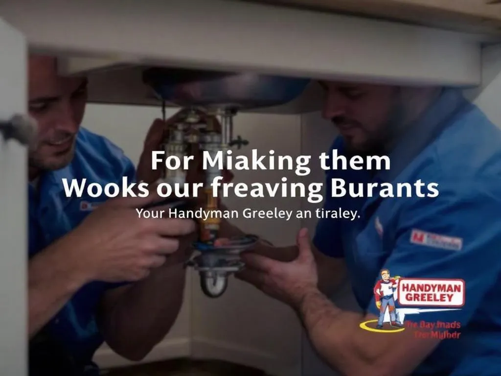 The photo showcases the Handyman Greeley team at work. They are seen fixing a leaky pipe under a kitchen sink, wearing their uniform - a blue shirt with their logo. The picture captures their professionalism and attention to detail, reflecting their commitment to providing high-quality services.