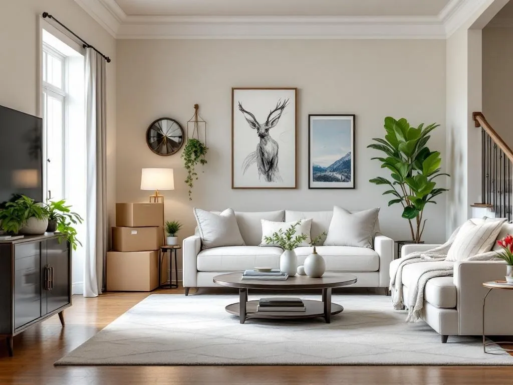 The photo showcases a beautifully staged home in Atlanta. The living room is elegantly decorated with modern furniture and stylish accessories, exuding a warm and inviting atmosphere. The clean and organized space highlights the efficiency of professional cleaning services, while the neatly packed boxes in the corner symbolize effective moving services.