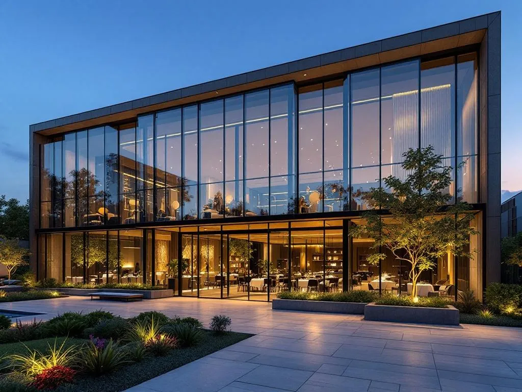 Main event venue is a marvel of modern architecture, with its glass facade reflecting the surrounding landscape. Inside, guests are greeted by a spacious, airy interior with high ceilings and contemporary decor. The venue's outdoor space is equally impressive, featuring beautifully landscaped gardens perfect for outdoor events.