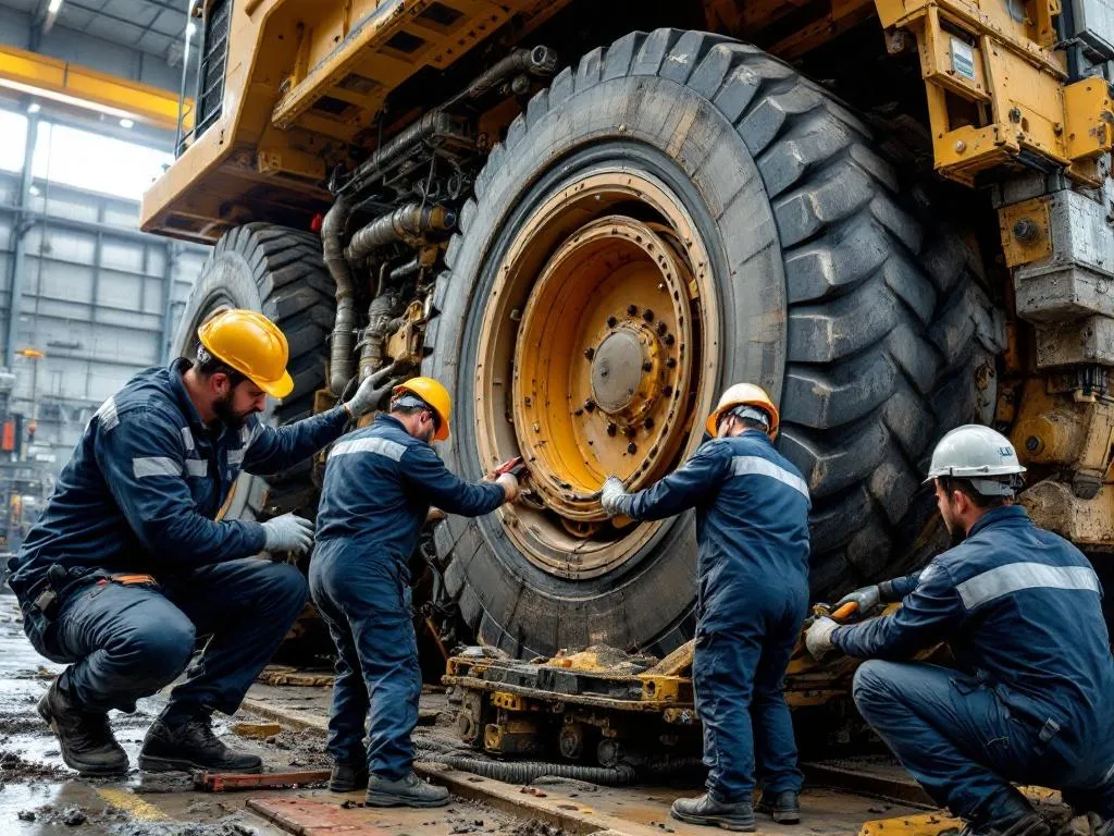 The photo showcases our team of highly trained technicians, diligently working on a large, heavy-duty mining machine. They are using advanced tools and their expertise to ensure the machine is in its best condition, ready to perform optimally in tough mining conditions.