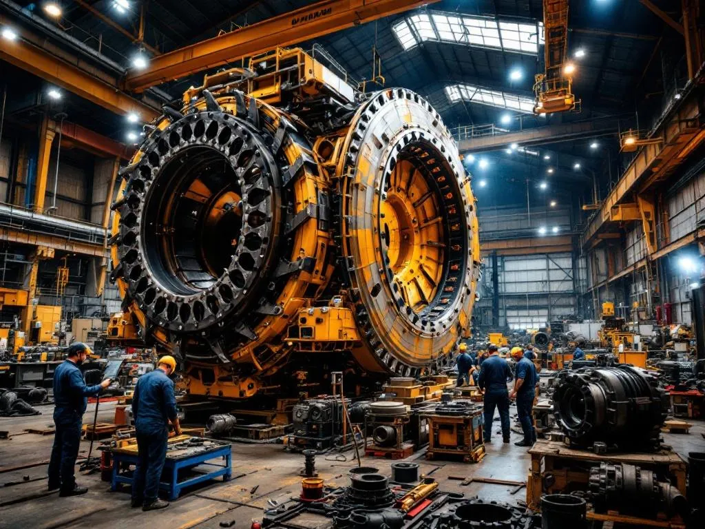 The image features a vast industrial workshop. In the foreground, a team of skilled technicians are meticulously working on the repair of a massive piece of mining equipment. The workshop is filled with various tools and machinery parts, reflecting the comprehensive nature of our services.