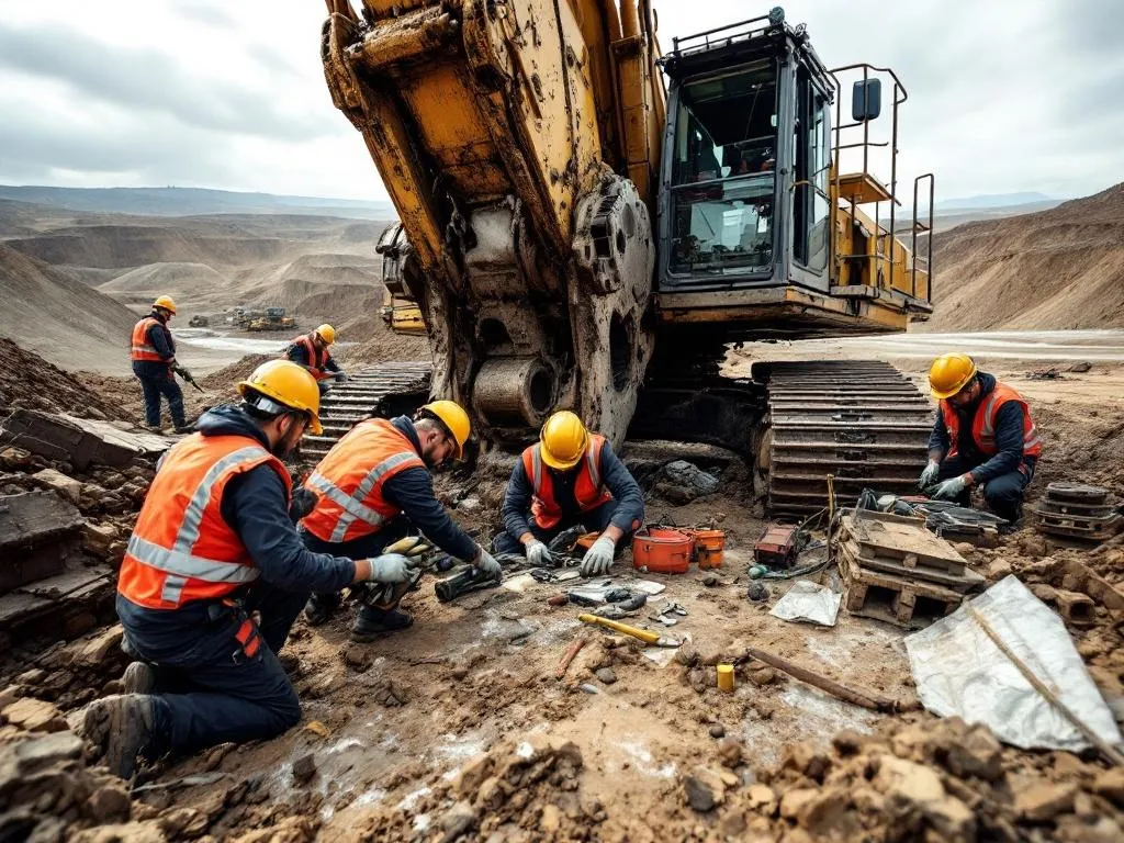 The photo showcases a team of skilled technicians, clad in safety gear, working meticulously on a large piece of mining equipment. The team is concentrated on their task, using high-tech tools to make the necessary repairs. The equipment, a giant excavator, is shown to be in a state of disrepair prior to the intervention of our team. The backdrop is a sprawling industrial complex, indicating the scale of operations.