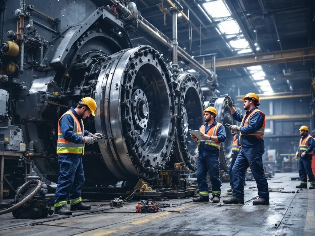 The photo shows a team of skilled technicians working on a large piece of mining equipment. They are using state-of-the-art tools and wearing safety gear. The equipment is housed in a well-lit, safety-compliant workshop.