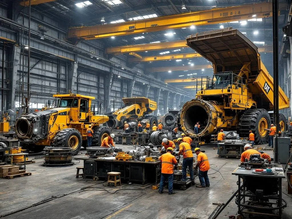 The photo features a large industrial workshop where the mining equipment repair takes place. The space is filled with large machinery, tools and technicians dressed in protective gear, diligently working on various mining equipment components. The image captures the essence of the meticulous repair and service process, highlighting the professionalism and skill of our team.