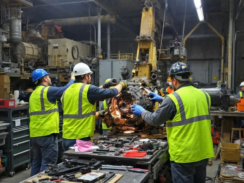 The image presents a scene from the workshop, where participants are actively engaged in repairing a large piece of mining equipment. Safety gear such as helmets, gloves, and high-visibility clothing are clearly noticeable. The workshop is well-lit, and various repair tools and parts are neatly arranged on a nearby table.