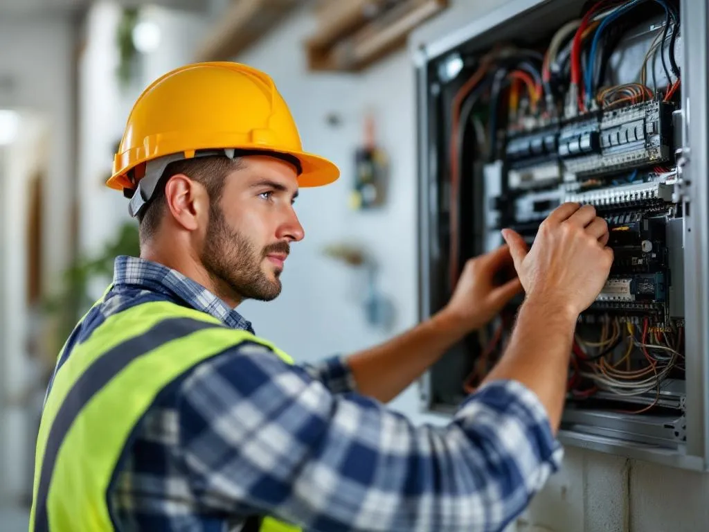 The featured photograph shows a professional electrician, wearing safety gear, working on a residential electrical panel. He is carefully handling the wires, demonstrating his expertise and commitment towards safety.