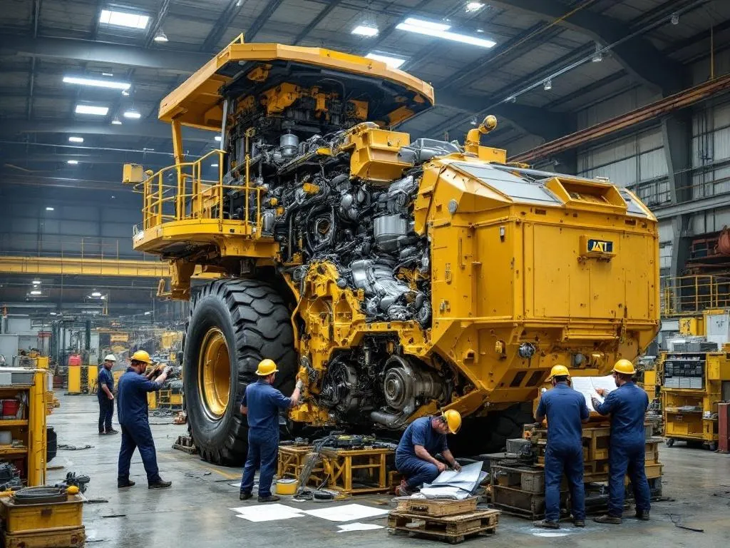 The photo depicts a well-lit, spacious workshop where skilled technicians are meticulously working on a large piece of mining equipment. The equipment, partially disassembled, reveals the complexity of its internal mechanisms. The technicians, clad in safety gear, are engaged in different tasks - some are inspecting the parts, others are replacing worn-out components, and a few are consulting blueprints.
