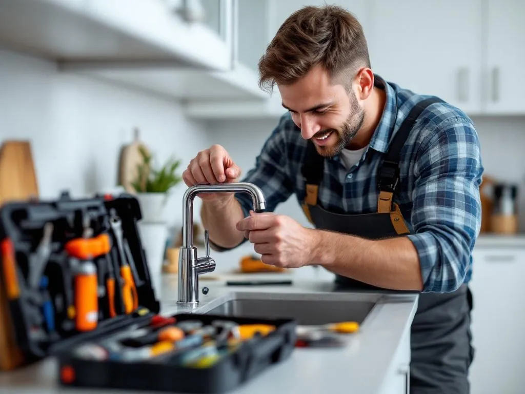 The picture depicts a professional handyman from Greeley at work. He is meticulously fixing a leaky kitchen faucet, showcasing his skills and expertise. His toolbox is open beside him, revealing a wide assortment of tools. The background shows a clean and orderly kitchen, further emphasizing the handyman's attention to detail and respect for the client's property.