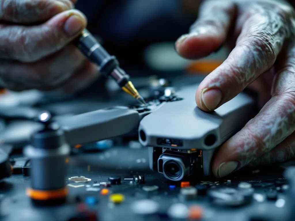 The feature image is a close-up shot of a technician's hands repairing a drone. The image captures the intricate parts of the drone and the specialized tools used in the repair process. This gives readers a clear visual representation of what drone repair involves.