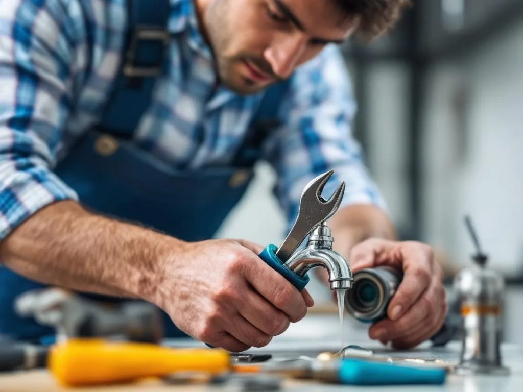 The photo showcases a professional handyman at work, skillfully handling a range of tools. He is seen repairing a leaky faucet, reflecting one of the many services that a handyman provides. This visual context helps readers understand the breadth and depth of a handyman's skills and tasks.