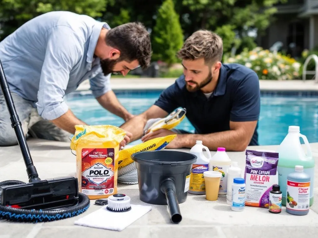The photo shows a professional pool maintenance worker from Warner Robins in action. He is testing the water balance and chlorine levels of a residential pool. Different tools used for pool cleaning and maintenance, such as a skimmer, vacuum, and various pool chemicals, are also displayed.