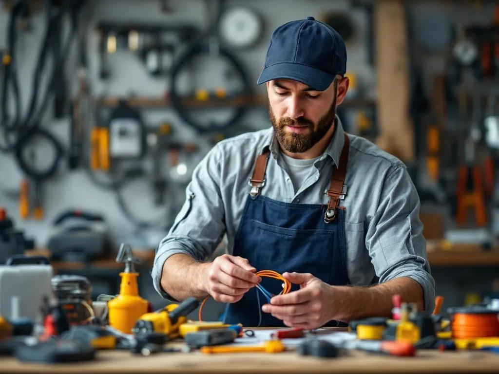 The selected image shows Don the electrician in action. He is in his workshop, surrounded by various electrical tools and equipment. In his hands, he is carefully handling electrical wires. The visual context is beneficial as readers can see Don in a professional environment, implying his expertise and credibility.