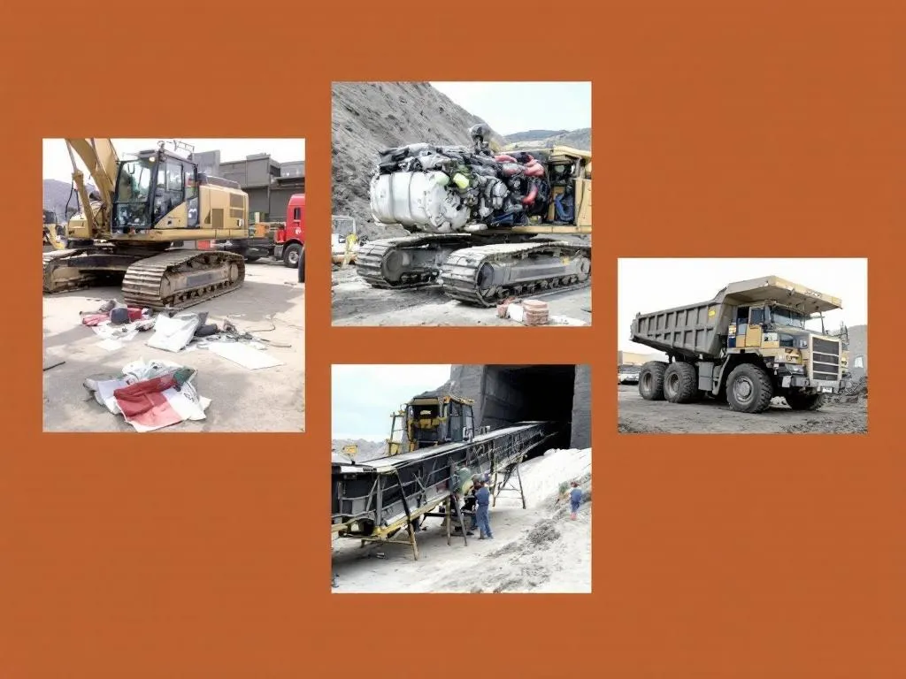 The photo displays a variety of mining equipment in different stages of repair. This includes an excavator with its engine exposed, a dump truck being serviced, and a conveyor belt under maintenance. Each image is clearly labeled to aid in identification and understanding.