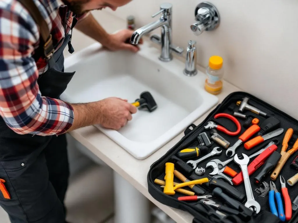 The photo features a handyman in Greeley at work. He is seen fixing a sink, with a toolkit by his side that includes various tools such as a hammer, screwdriver, wrench, and pliers. The picture gives a realistic depiction of a handyman's job, emphasizing the importance of having a comprehensive toolkit and the ability to handle different types of home repairs.