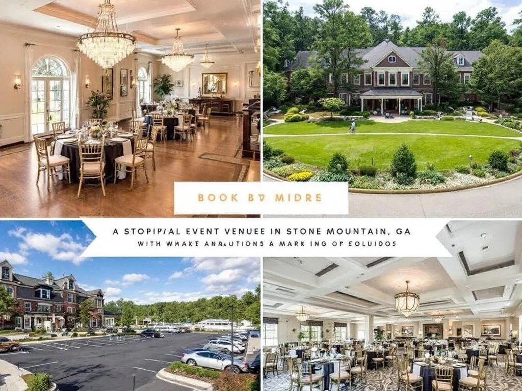 The photo features a panoramic view of a popular event venue in Stone Mountain, GA. This expansive venue includes a grand ballroom with crystal chandeliers, a large outdoor garden area, and ample parking facilities. The image also displays the venue's modern amenities and elegant interior decoration, giving potential bookers a visual understanding of what to expect.