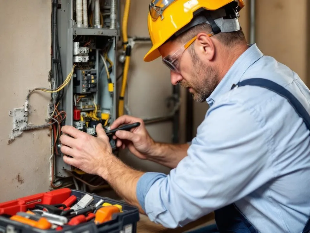 The photo showcases Don, an experienced electrician, demonstrating the process of repairing a common electrical issue. He is seen working on a circuit breaker, with a well-organized toolbox by his side. The image clearly highlights the safety equipment Don is using, emphasizing the importance of safety while dealing with electrical tasks.
