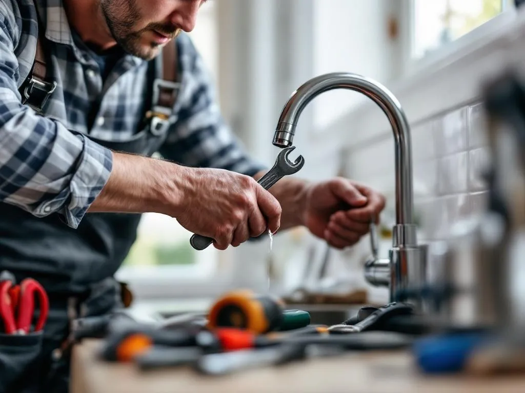 The featured image shows a handyman in Loganville at work, fixing a leaky faucet in a customer's home. The handyman is using a wrench and is surrounded by various professional tools, illustrating the wide range of tasks a handyman can handle. The image gives a real-life glimpse into the services offered by a handyman in Loganville.