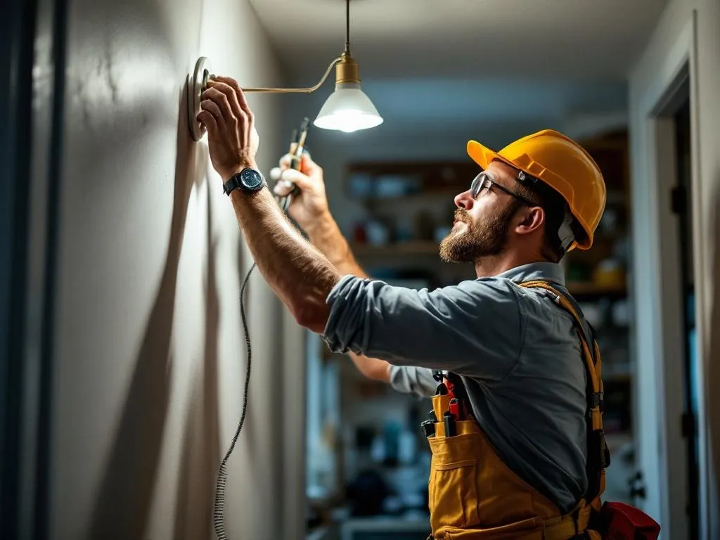 The image visualizes a well-equipped handyman at work in a typical home setting, installing a light fixture. He's using professional tools and safety gear, providing a real-world example of handyman tasks.