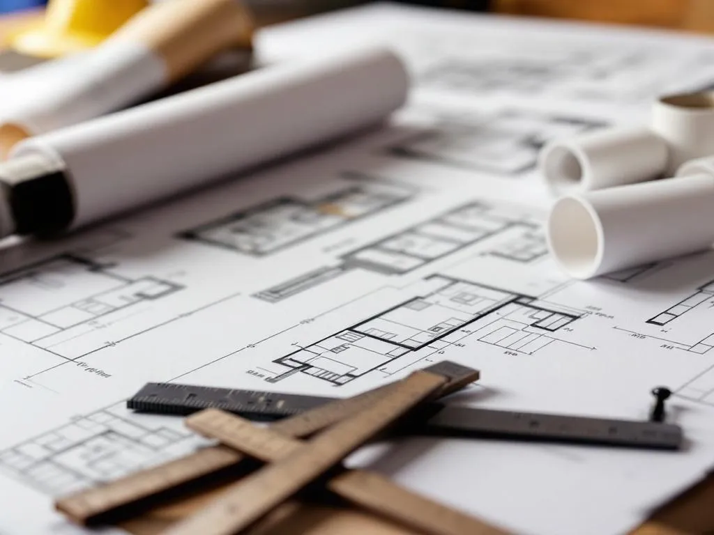 The photo features a series of architectural drawings and blueprints laid out on a table. In the foreground, there are architectural tools, like rulers and compasses, suggesting a hands-on approach to design. The image represents the planning and design process that homeowners will undergo when reconstructing their homes after a wildfire.