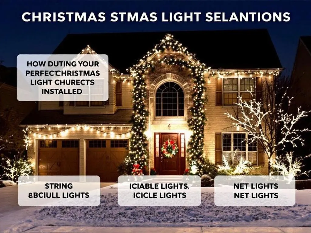 The main image displays a well-lit house with perfectly installed Christmas lights. The image highlights different types of lights such as string lights, icicle lights, and net lights. The photo is taken at night to showcase the beautiful, festive glow of the lights. It provides visual guidance on how a well-executed Christmas light installation should look.