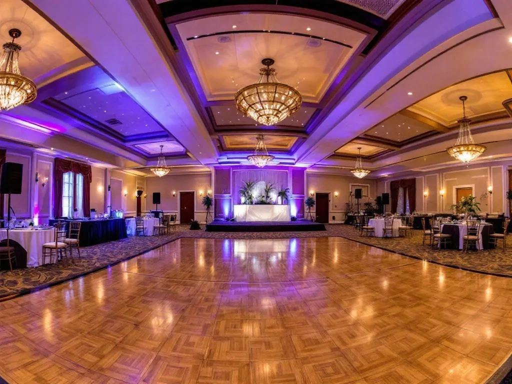 The photo provides a panoramic view of a beautiful event venue in Stone Mountain, GA. This exquisitely designed space features high ceilings, elegant chandeliers, stylish decor, and a spacious dance floor. The image perfectly captures the ambiance and potential of the venue, serving as a valuable visual guide for those planning an event.