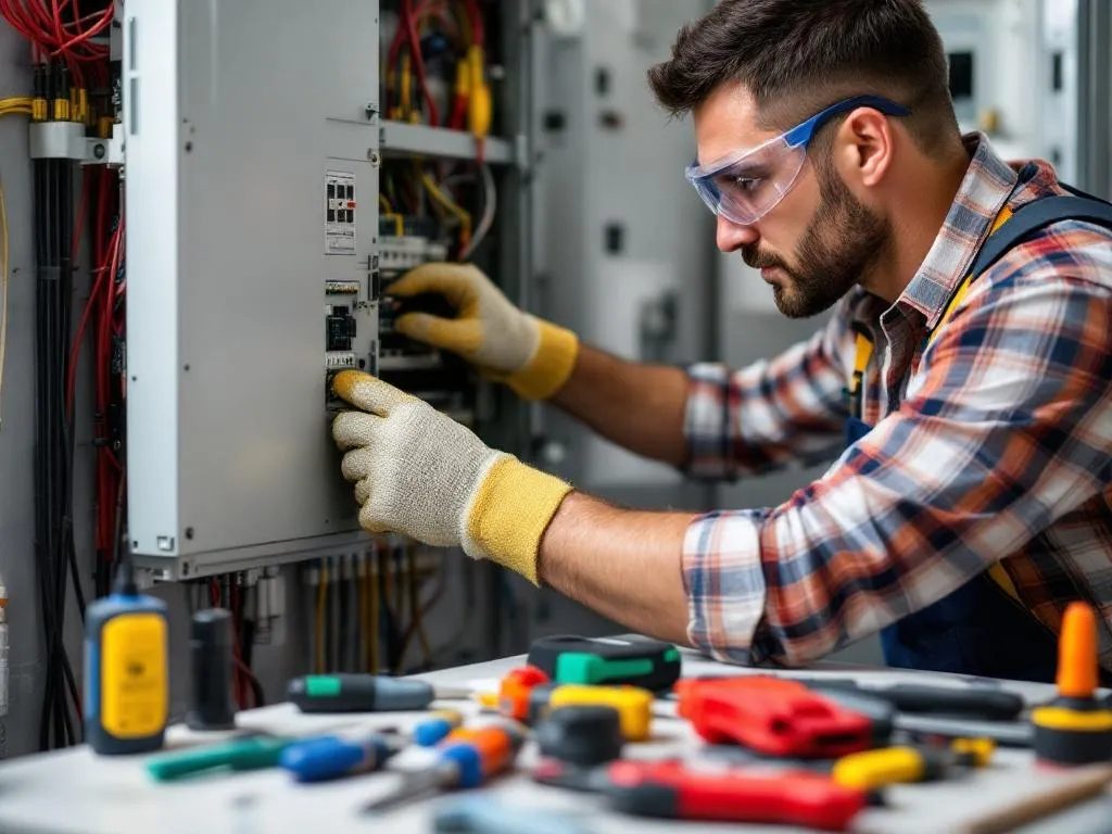 The featured image includes a professional electrician working on an electrical panel. He is wearing safety equipment such as gloves and goggles. There are various electrical tools spread out on a table next to him, demonstrating his preparedness and professionalism.