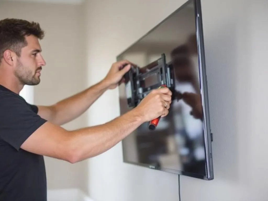 The photo shows a professional TV mounting service in Lawrenceville, GA, where a technician is securely fixing a flat screen TV on a wall. The technician is using tools to ensure the TV mount is level and securely fastened. This image provides a visual guide to the TV mounting process.