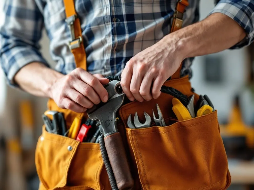The feature photo will provide a visual representation of a professional handyman at work. He is seen with his tool belt, working on a common household task. The image helps to visually underscore the importance and value of hiring a trained, skilled handyman for your home repair and improvement needs.