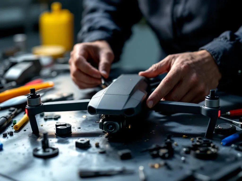 The main image shows a close-up of a technician repairing a drone. Various tools are scattered around a well-lit workbench. The detail of the drone's internal components is visible, illustrating the complexity of the repair process.