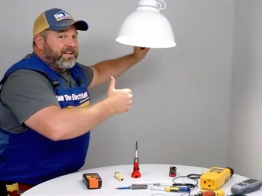 The featured image shows Don the Electrician demonstrating how to safely replace a light fixture. He is mid-action, highlighting the importance of turning off the power before commencing work. Tools, like a voltage tester and screwdriver, are visibly laid out on a table beside him.