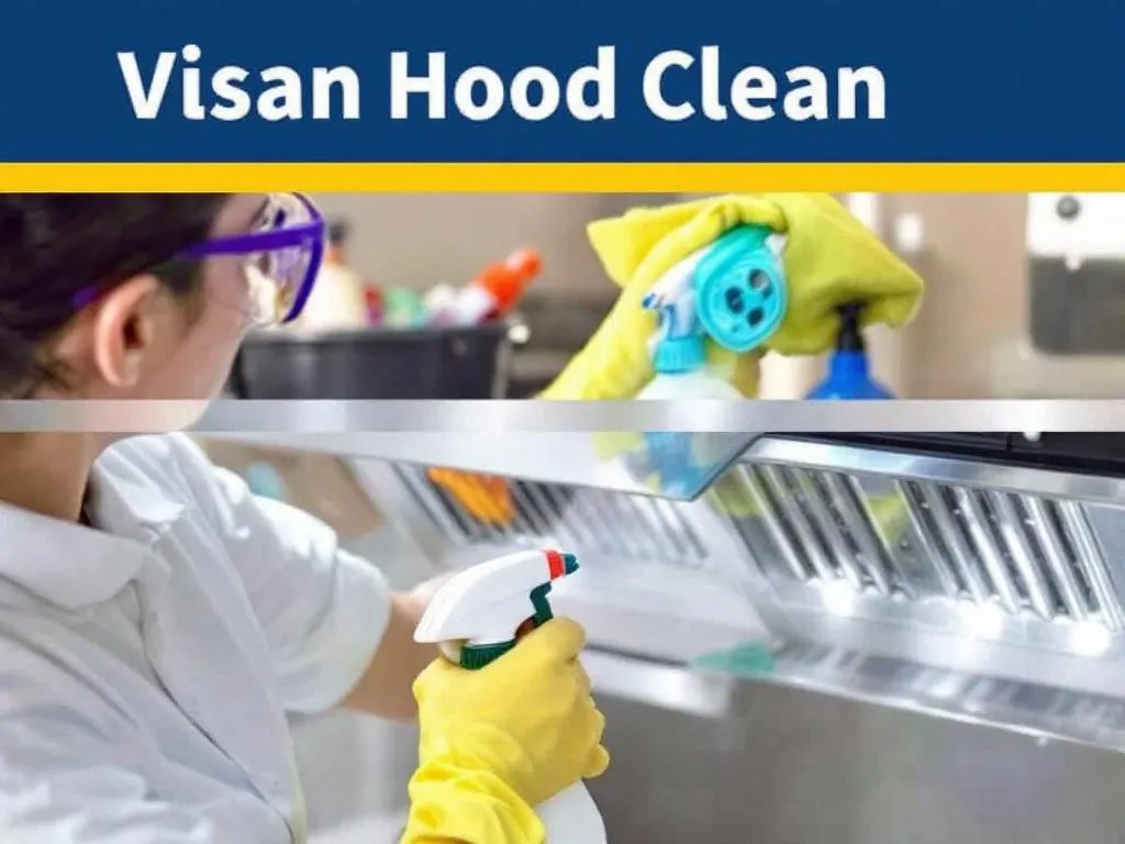 The photo depicts a person wearing protective gloves and goggles, cleaning a kitchen hood. They are using a spray bottle and cloth, with a bucket of cleaning supplies nearby. The image provides a visual guide to the necessary equipment and the process of hood cleaning. The clean, shiny surface of the hood after the cleaning is also shown as a benchmark for the desired result.