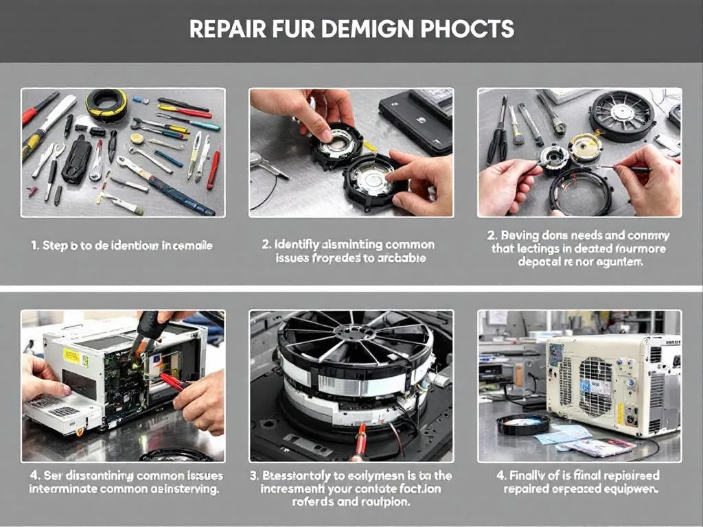 The article features several high-resolution photos that provide visual guidance for each step of the repair process. They include images of tools needed for the repair, the dismantling process, identifying common issues, and the final repaired equipment.