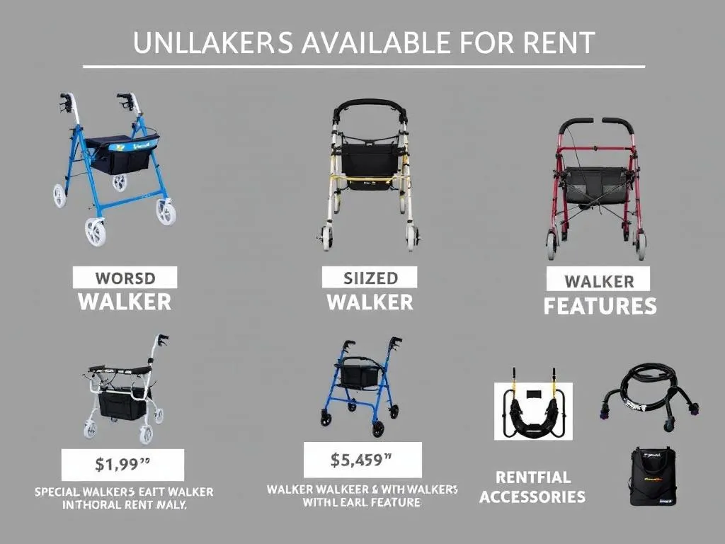 The image shows an assortment of walkers available for rent, providing a visual representation of different types, sizes, and features. Each walker is labeled with its specific name and special features. The picture also shows a few walker accessories that can be rented alongside the walker itself.
