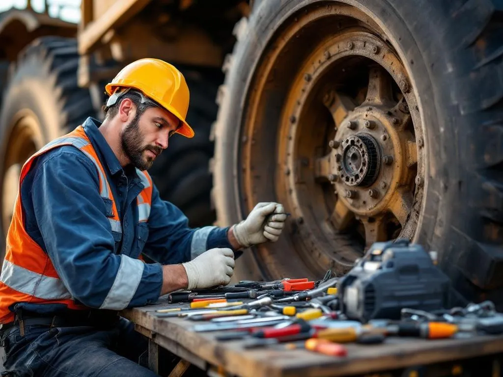 The image depicts an engineer wearing safety gear while performing a repair on a piece of large mining equipment. Various tools are spread out on a table next to him, illustrating the complexity of the task. The machinery is large and robust, symbolizing the industrial strength and durability of mining equipment. The photo provides a real-world context for the information provided in the article.