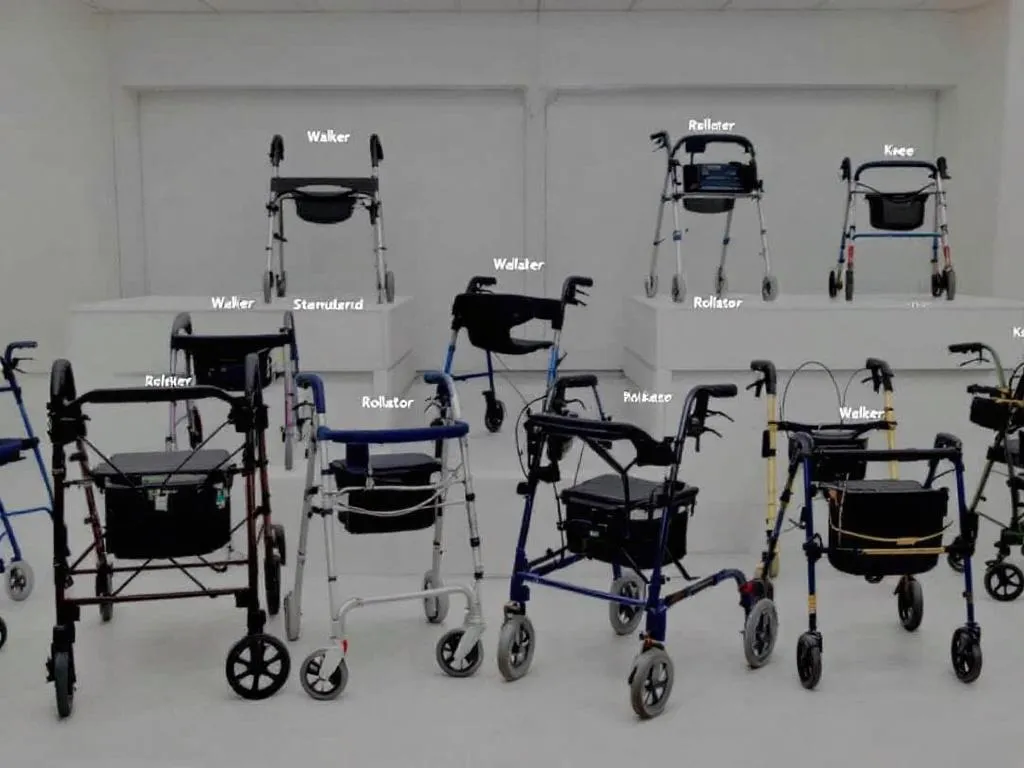 The photo depicts a variety of walkers ranging from standard walkers, rollators, knee walkers to pediatric walkers. Each walker is labelled with its corresponding type, providing visual context to the different options available in a walker rental service. The walkers are shown in a clean, well-lit space, illustrating the importance of maintaining hygiene and safety in walker rental services.