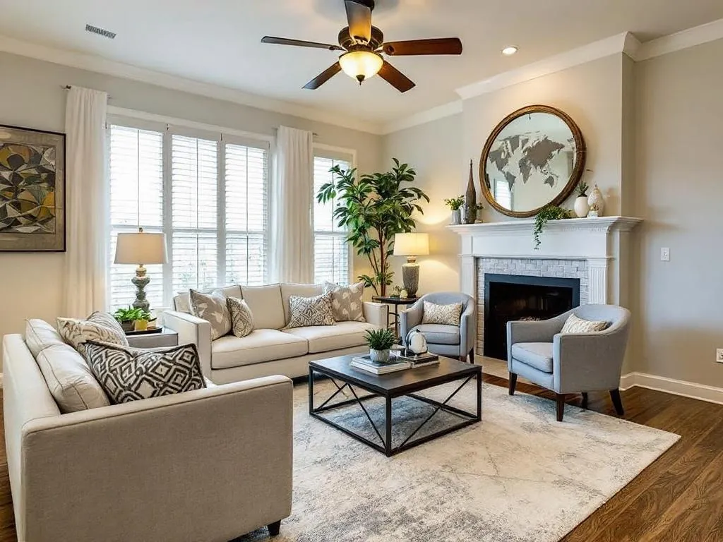 The photo showcases a beautifully staged living room in a typical Atlanta home. It features a well-coordinated color scheme, tastefully arranged furniture, and strategic use of lighting to highlight the rooms best features. The picture serves to illustrate the significant impact of professional home staging on a property's appeal.