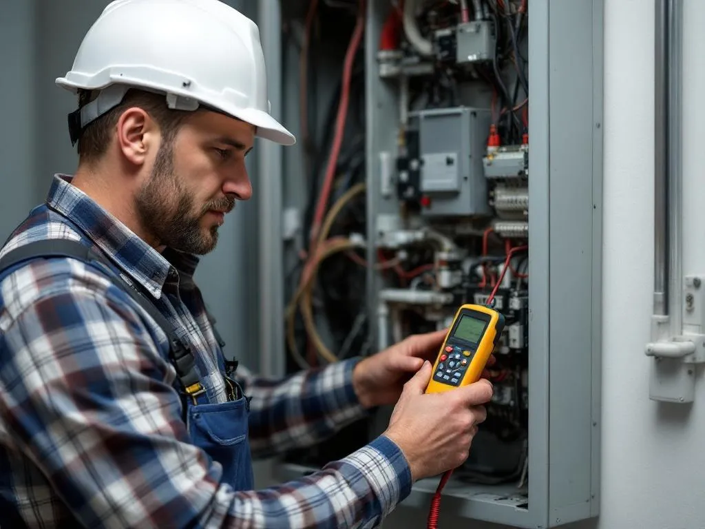 Image of a young man working on an electrical panel, using a multimeter.