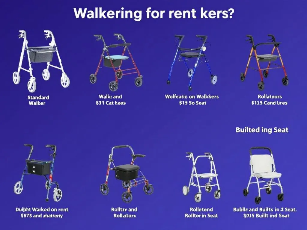 The accompanying photo demonstrates an array of different types of walkers available for rent. From standard walkers to rollators with built-in seats, the image helps readers understand the range of options available to suit various mobility needs.