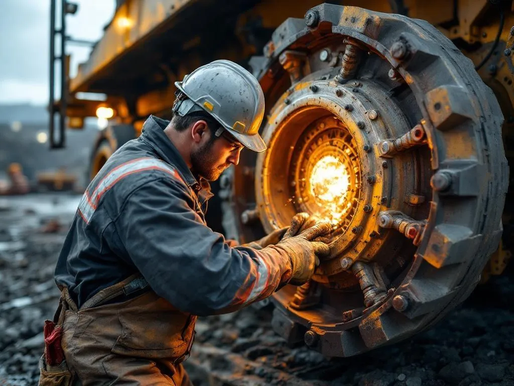 a detailed image of a mechanic working on heavy mining equipment