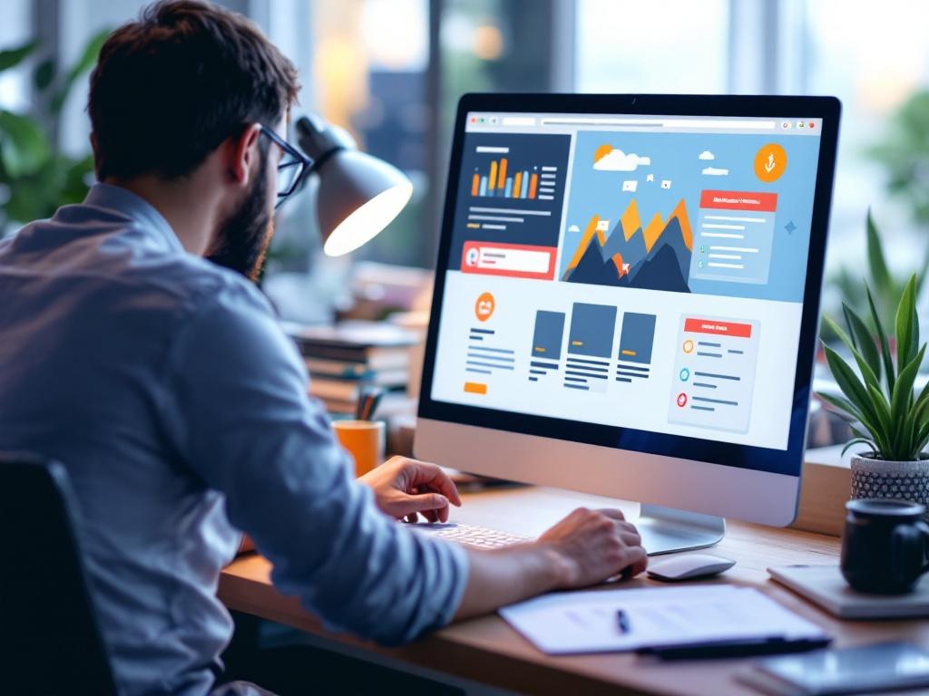 A photo showcasing a designer working on a website layout on a computer screen