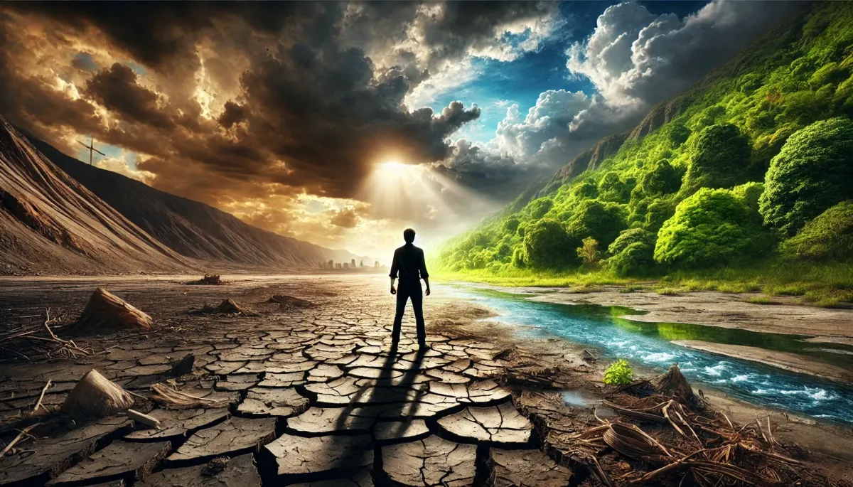 man standing between desolate land and flourishing land