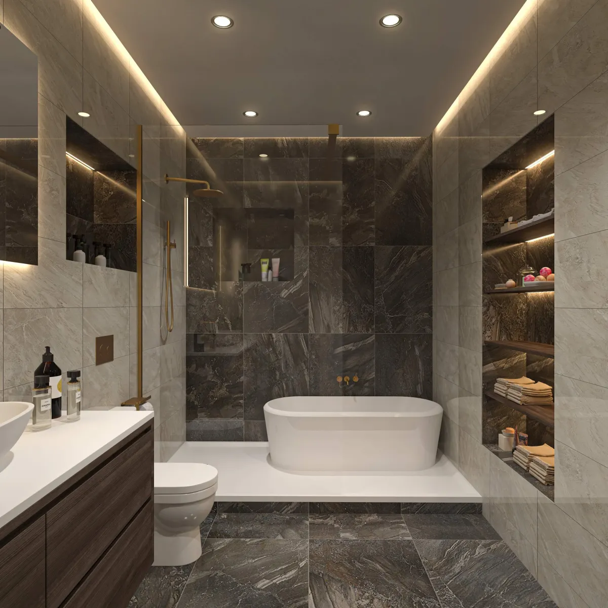 A modern bathroom showcasing elegant finishes, including a sleek vanity, stylish fixtures, and beautifully tiled walls, creating a relaxing and functional space.